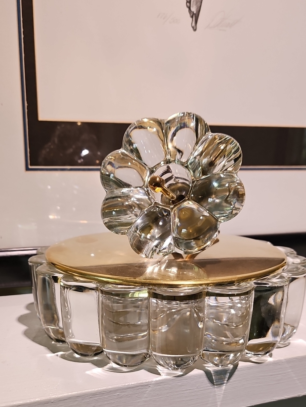 Vintage Crystal Clear Glass Dish And Flower w/Brass Lid, Stem And Pod On Flower